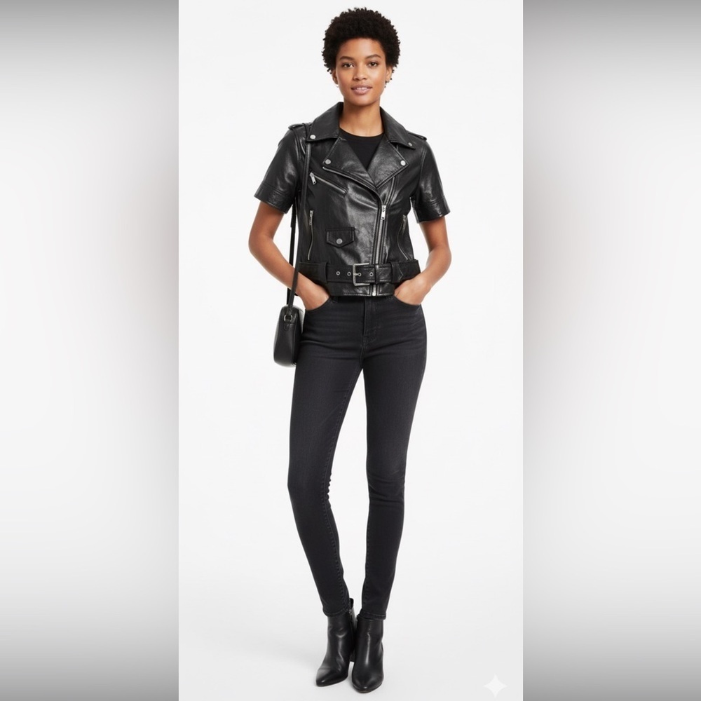 MICHAEL KORS Short Sleeve Black Leather Moto Biker Jacket Medium